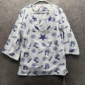 Barbara Gerwit Tunic Blouse Womens Medium White Crochet V Neck 3/4 Sleeve Top